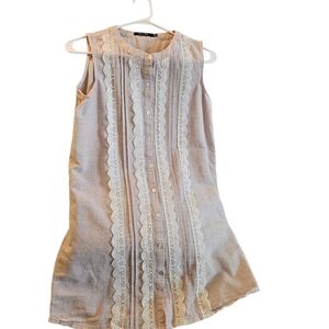 Doe & Rae Dusty Rose Sleeveless Linen-Blend Button Front Dress with Lace Trim